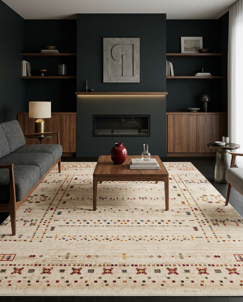 Cream rug with a multi-colored geometric border and scattered tribal motifs, styled in a modern living room.