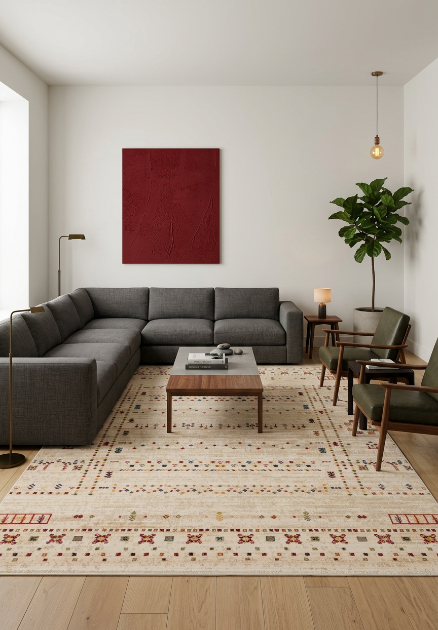 Cream rug with a multi-colored geometric pattern of small symbols and stripes, styled in a modern living room.