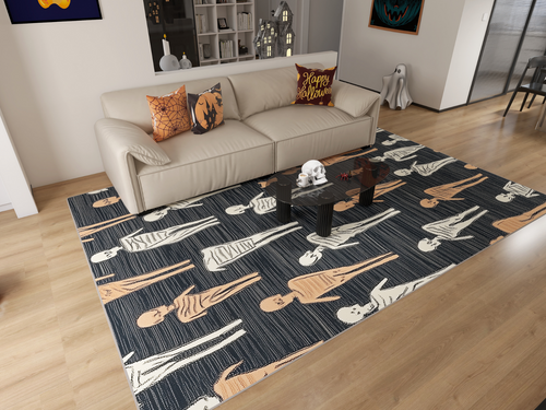 Load image 1 in gallery view. A living room decorated for Halloween with pumpkin pillows, a ghost figure, skulls on a black table, and the Mummy March - Washable Rug - HLW004, a modern flat weave rug with orange and white skeletons on a dark background.