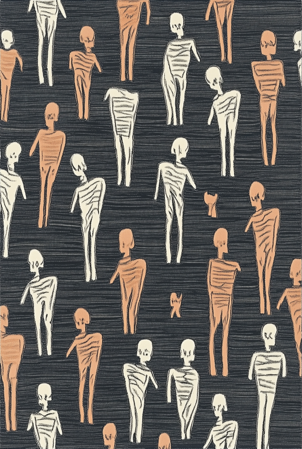 The Mummy March - Washable Rug - HLW004 (Custom Size) features abstract skeletal figures in white and orange on a dark background. This rug's minimalist, allergy-friendly design is perfect for high-traffic areas and easy to clean.