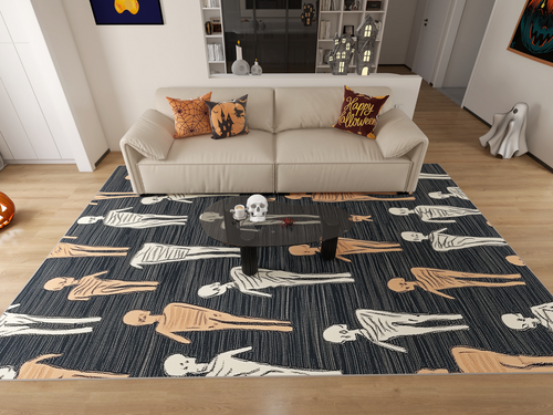 Load image 1 in gallery view. A living room decorated for Halloween features a beige sofa, themed pillows, and the Mummy March - Washable Rug - HLW004 (Custom Size), perfect for allergy-sensitive and high-traffic spaces. Halloween décor and a pumpkin complete the spooky look.