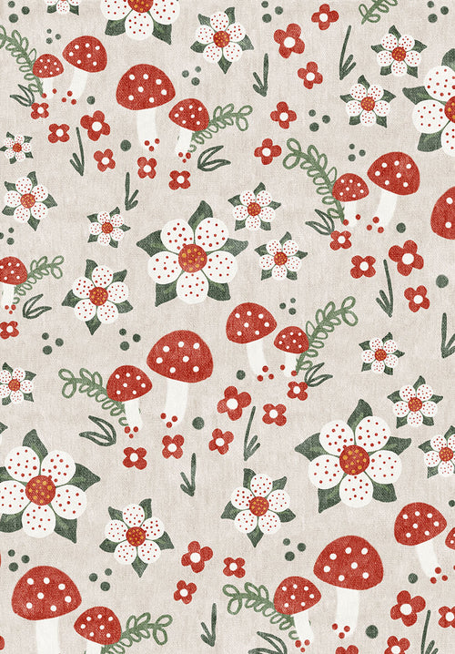 Load image 1 in gallery view. Beige rug with a repeating pattern of red-and-white spotted mushrooms, white flowers, and green foliage.