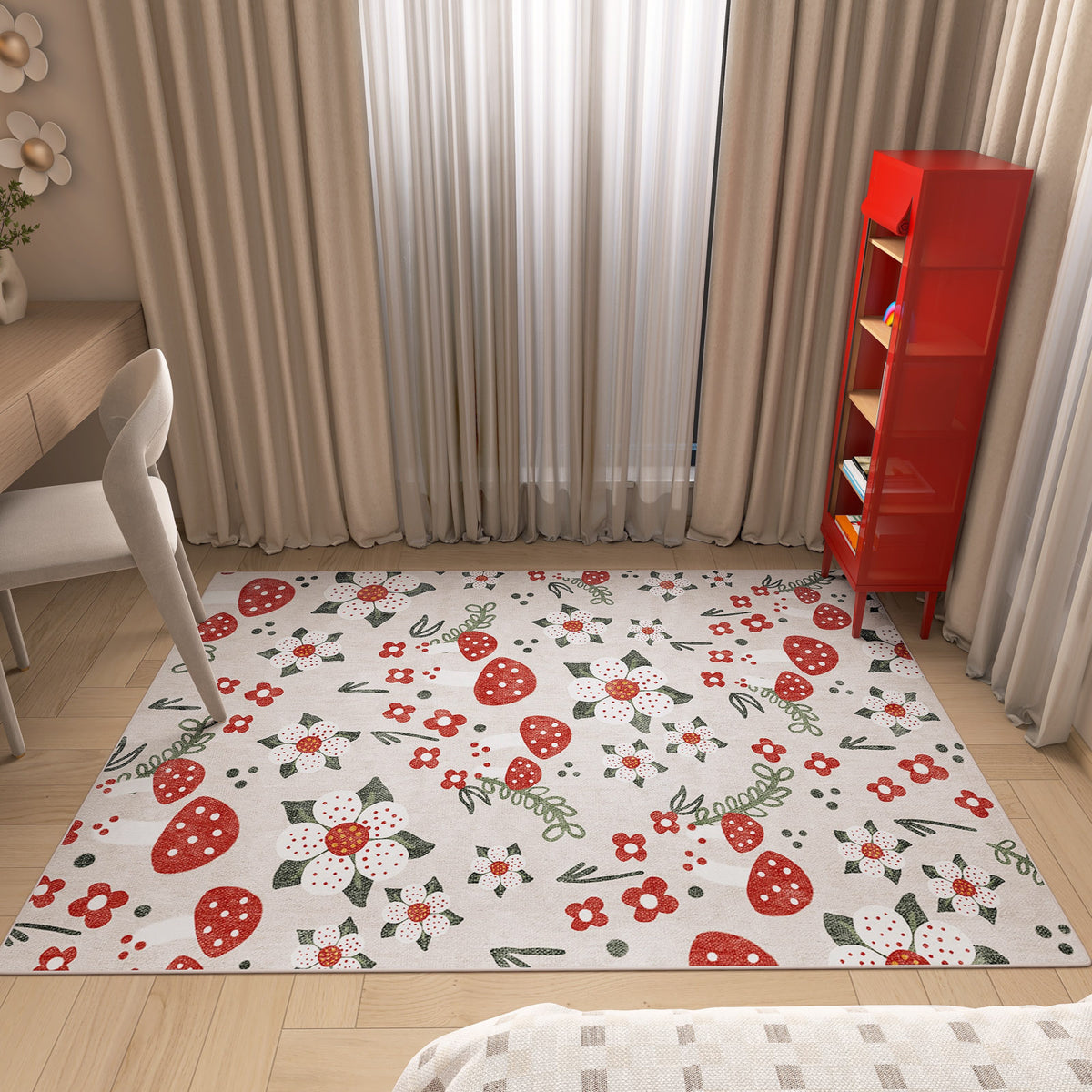 Off-white rug with red mushroom and floral pattern, styled in a bedroom with light wood floors and beige curtains.