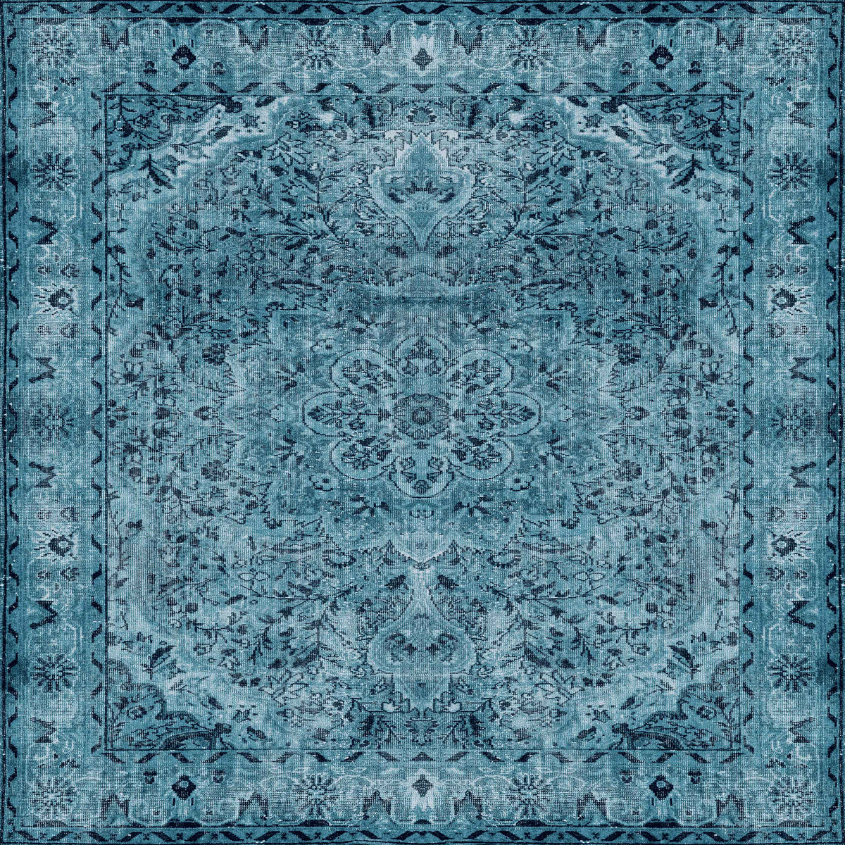 The Mystic Mosaic - Washable Rug (JRN1019) showcases ornate turquoise and teal tones with a symmetrical floral and vine pattern, detailed border, and adds elegant charm to traditional interiors.