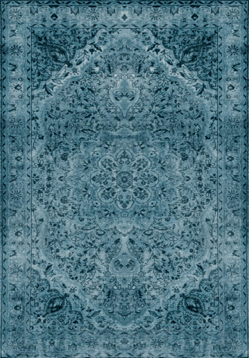 Load image 1 in gallery view. The Mystic Mosaic - Washable Rug - JRN1019 (Custom Size) features a blue vintage look with intricate symmetrical floral and ornamental patterns, a large central medallion, and detailed borders.