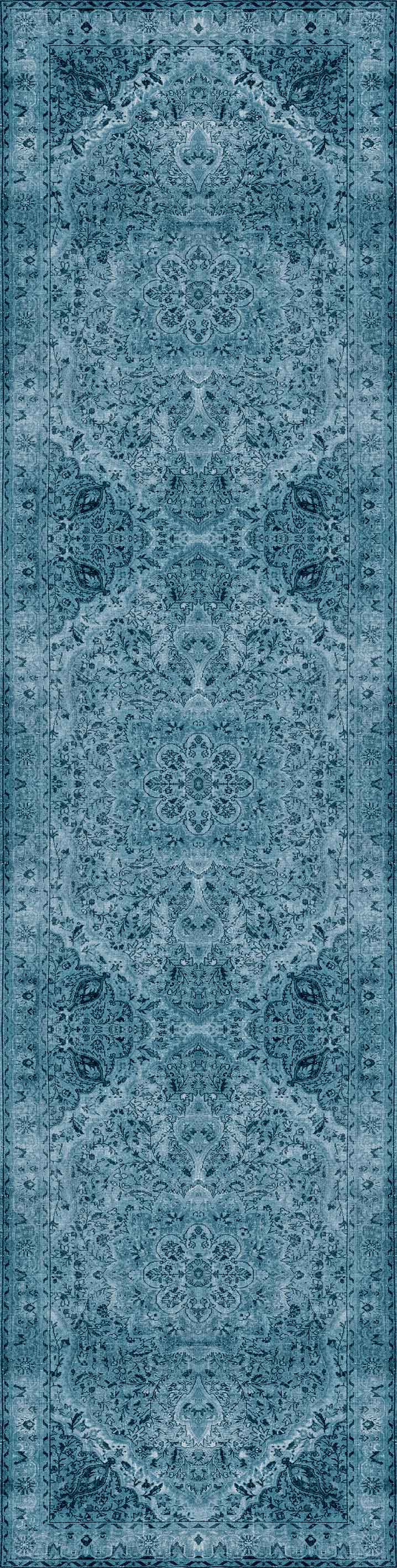 The Mystic Mosaic - Washable Rug - JRN1019 (Custom Size) is a long, blue vintage Persian-style rug with intricate, symmetrical floral and geometric patterns framed by blue decorative borders.