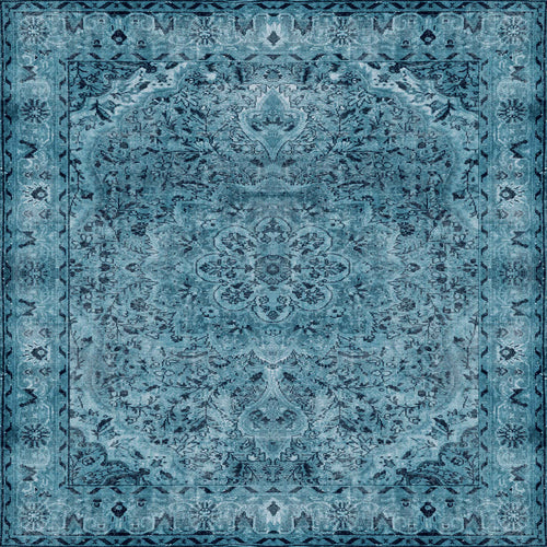 Load image 1 in gallery view. The Mystic Mosaic - Washable Rug - JRN1019 (Custom Size) is a rectangular blue rug with a central medallion, ornate floral motifs, and a decorative symmetrical border.