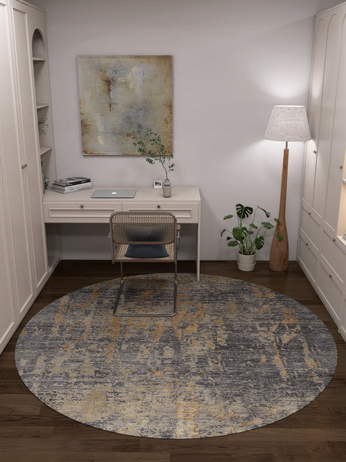 Load image 1 in gallery view. A modern home office features a white desk, chair, and laptop. The Mystical Mosaic - Washable Rug - JRS003 in blue and beige covers the dark wood floor—perfect for high-traffic areas. A floor lamp, abstract wall art, and potted plant complete the cozy vibe.