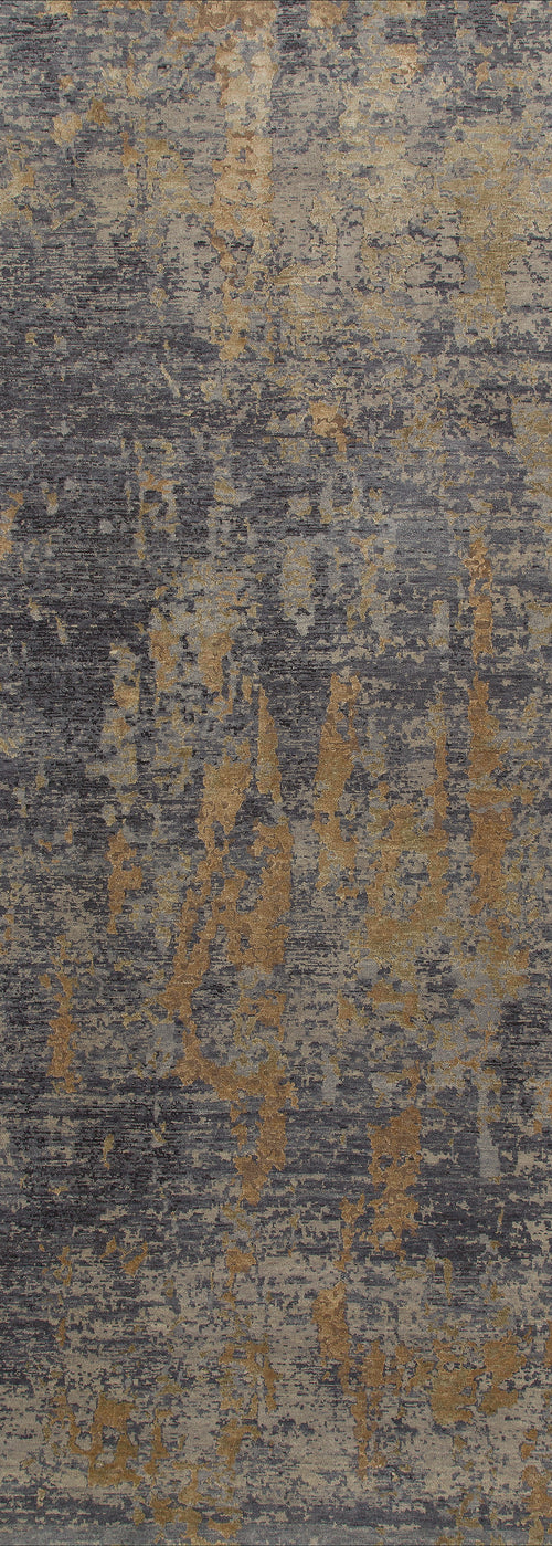 Load image 1 in gallery view. The Mystical Mosaic - Washable Rug - JRS003 features a textured, distressed pattern in gray, blue, and gold tones, offering an aged mosaic look that's easy to clean and ideal for high-traffic spaces.