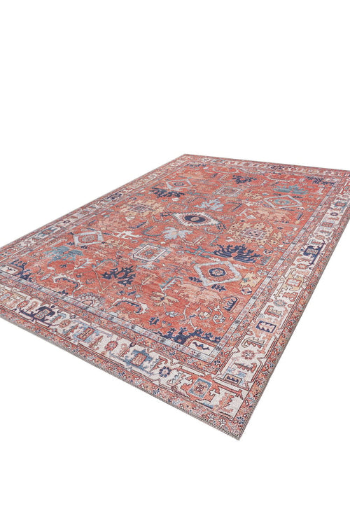 Load image 1 in gallery view. The Mystral Kilim-Design Coral Washable Rug - LCC3015 is a large, rectangular rug with an intricate multicolored pattern in reds, blues, and cream. Its durable design and timeless geometric and floral motifs make it ideal for high-traffic areas.