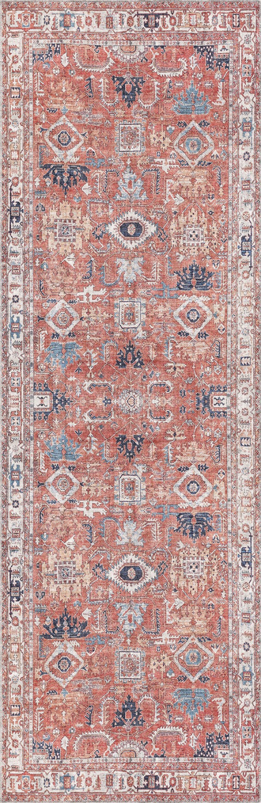 The Mystral Kilim-Design Coral Washable Rug - LCC3015 is a rectangular, Persian-style rug with geometric patterns in rust red, blue, beige, and ivory. Ideal for high-traffic areas, it features a detailed border and symmetrical central motifs.