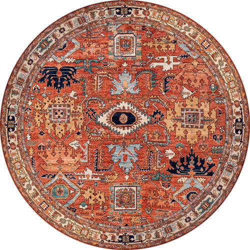 Load image 1 in gallery view. The Mystral Kilim-Design Coral Washable Rug (LCC3015) is a round, ornate rug with a rich red-orange background, intricate geometric and floral patterns in blue, gold, cream, and black, plus a washable design perfect for high-traffic areas.