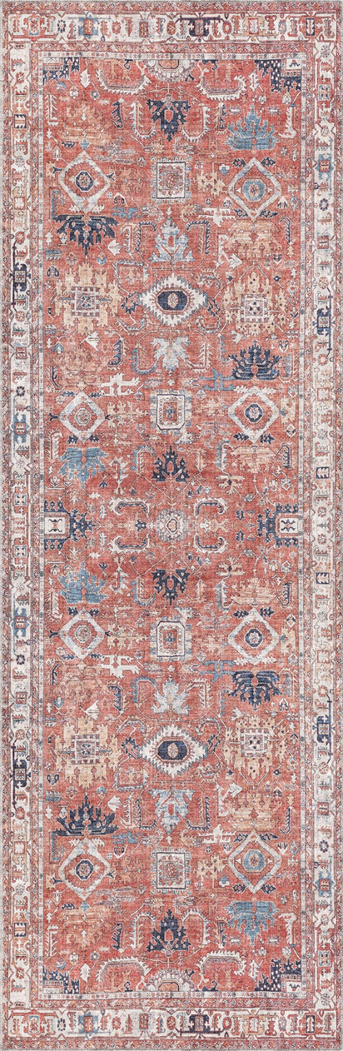 Load image 1 in gallery view. The Mystral Kilim-Design Coral Washable Rug (LCC3015) features a distressed vintage look in rust, blue, beige, and ivory with geometric patterns and medallions—ideal for high-traffic areas.