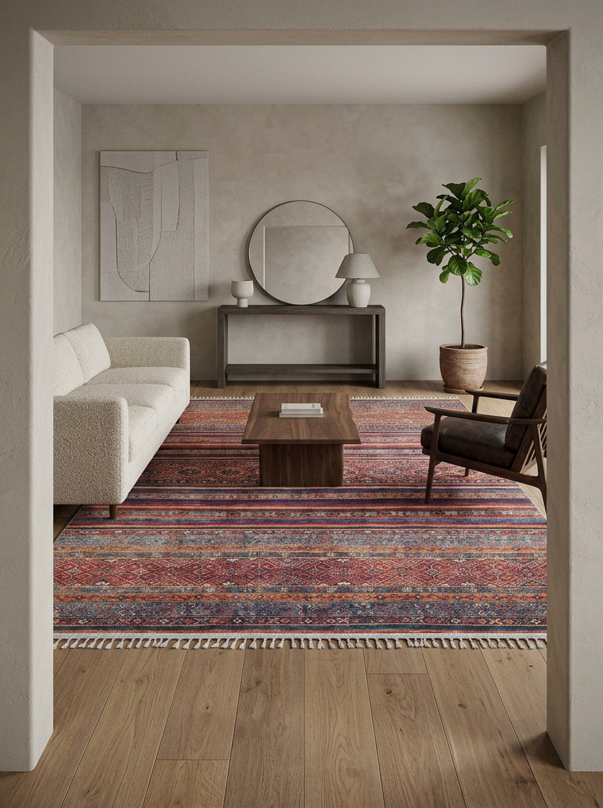 Red and blue striped rug with a distressed geometric pattern and fringe, styled in a modern living room.