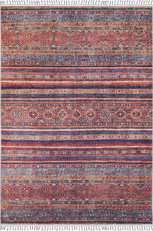 Load image 1 in gallery view. The Native Nightscape - Washable Rug - JR5093 (Custom Size) features multicolor geometric and floral bands with white fringes, making it a stylish, durable choice to brighten high-traffic areas.