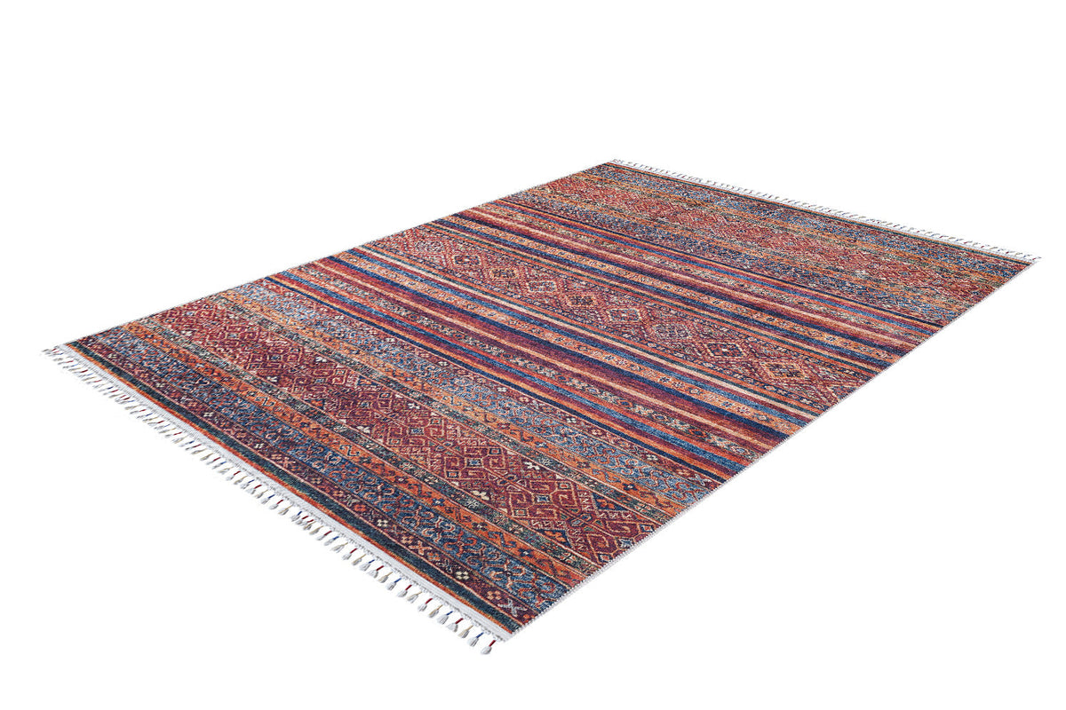 The Native Nightscape - Washable Rug - JR5093 (Custom Size) is a multicolor rug with intricate red, blue, orange, and beige geometric and striped patterns, white fringe on short edges, and is perfect for high-traffic areas.
