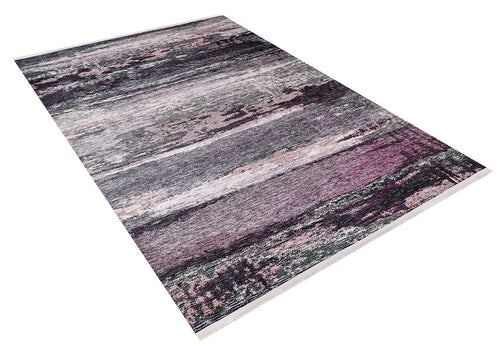 Load image 1 in gallery view. The Natural Brushed - Washable Rug - JR336 (Custom Size) features a modern abstract design with textured horizontal streaks in purple, gray, black, and white—perfect for high-traffic areas and easy to clean.