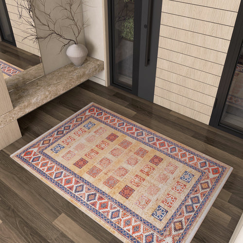 Load image 1 in gallery view. The Navajo Nights - Washable Rug (JR1758), featuring a colorful geometric pattern, lies on a dark wood floor by glass doors. Its durable, washable design and stylish look make it perfect for high-traffic areas.