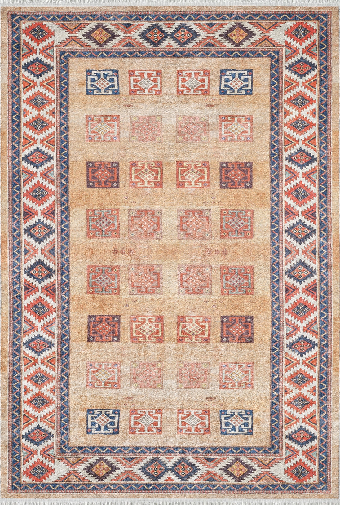 The Navajo Nights - Washable Rug - JR1758 (Custom Size) features a central grid of patterned red, beige, and blue squares on a tan background with intricate geometric designs and a bold border, perfect for high-traffic areas.