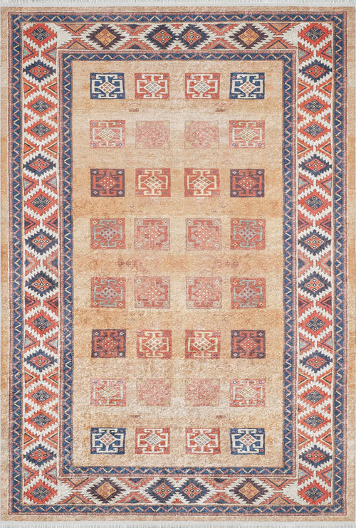 Load image 1 in gallery view. The Navajo Nights - Washable Rug - JR1758 (Custom Size) features a central grid of patterned red, beige, and blue squares on a tan background with intricate geometric designs and a bold border, perfect for high-traffic areas.