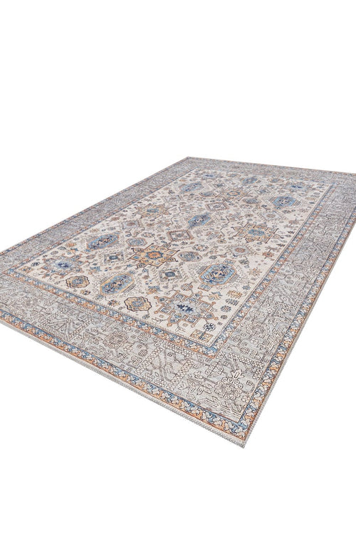 Load image 1 in gallery view. The Nexa Bordered Beige Washable Rug (LCC3009) is a rectangular flat weave rug featuring an intricate traditional pattern in blue, beige, and gray, with a decorative border and detailed geometric and floral designs.