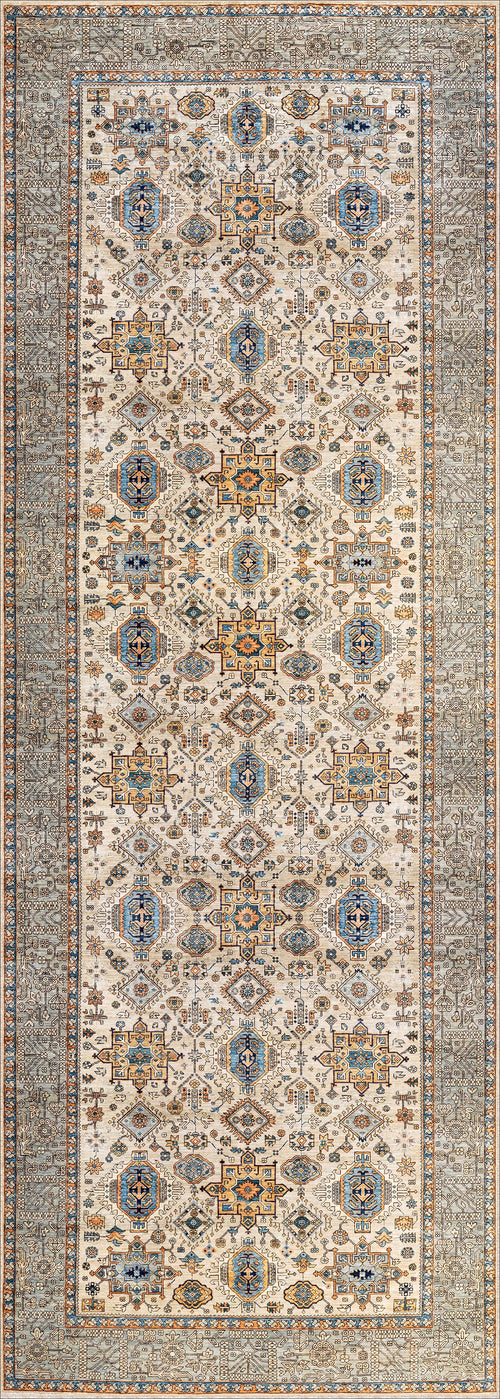 Load image 1 in gallery view. The Nexa Bordered Beige Washable Rug (LCC3009) is a rectangular flat weave featuring an intricate geometric diamond pattern in cream, beige, blue, gold, and gray tones, complete with a detailed border around the central design.