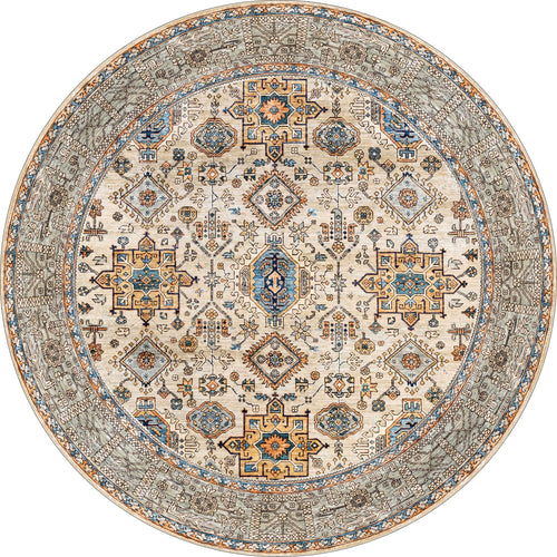 Load image 1 in gallery view. The Nexa Bordered Beige Washable Rug - LCC3009 is a round, flat weave rug with intricate geometric and floral patterns in cream, blue, gold, and brown. Its detailed border and symmetrical designs offer timeless style and easy care.