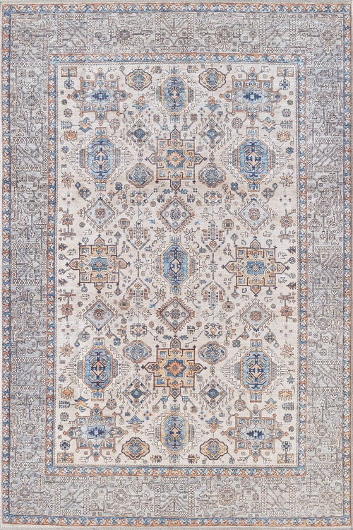 Load image 1 in gallery view. The Nexa Bordered Beige Washable Rug - LCC3009 (Custom Size) features an intricate geometric and floral pattern in blue, gold, cream, and beige with a detailed border—perfect for high-traffic areas thanks to its symmetrical ornamental design.