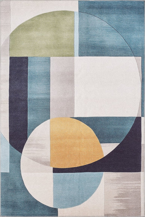 Load image 1 in gallery view. The Nexus Geometric Contemporary Washable Rug - MDJ006 features an abstract modern design with overlapping rectangles, squares, and outlined circles in blue, white, green, yellow, and gray—perfect for high-traffic and allergy-sensitive spaces.