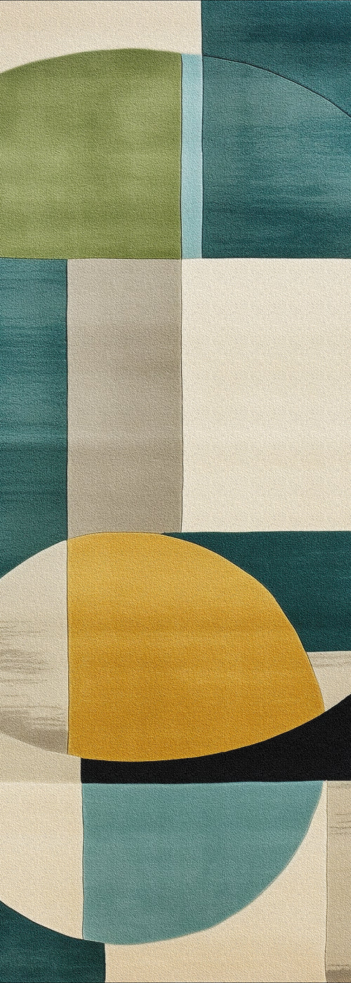 Load image 1 in gallery view. The Nexus Geometric Contemporary Washable Rug - MDJ006 features modern overlapping rectangles and semi-circles in green, teal, yellow, gray, black, and beige—ideal for allergy-sensitive homes and high-traffic areas.
