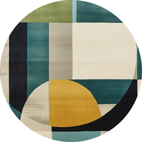 Load image 1 in gallery view. The Nexus Geometric Contemporary Washable Rug - MDJ006 is an oval, modern abstract rug in green, teal, cream, black, gray, and mustard yellow. Durable and washable, it's ideal for high-traffic areas and adds a bold geometric touch to any space.