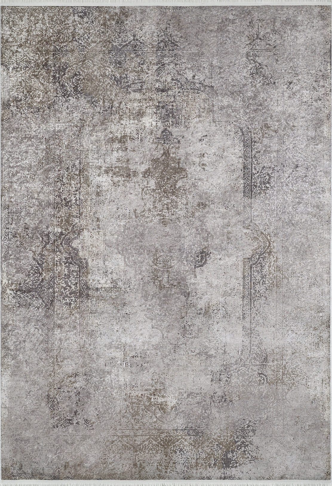 The Noble Insignia - Washable Rug - JR1830 (Custom Size) features a rectangular shape, distressed vintage pattern in gray, beige, and brown tones, with ornate faded details and an antique look—ideal for high-traffic spaces.