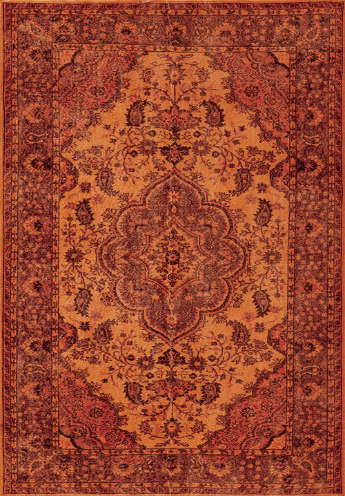 Load image 1 in gallery view. The Noble Odyssey - Washable Rug - JRN1012 is a rectangular orange rug with a detailed medallion center, ornate borders, and an intricate floral and vine pattern in deep red and brown.
