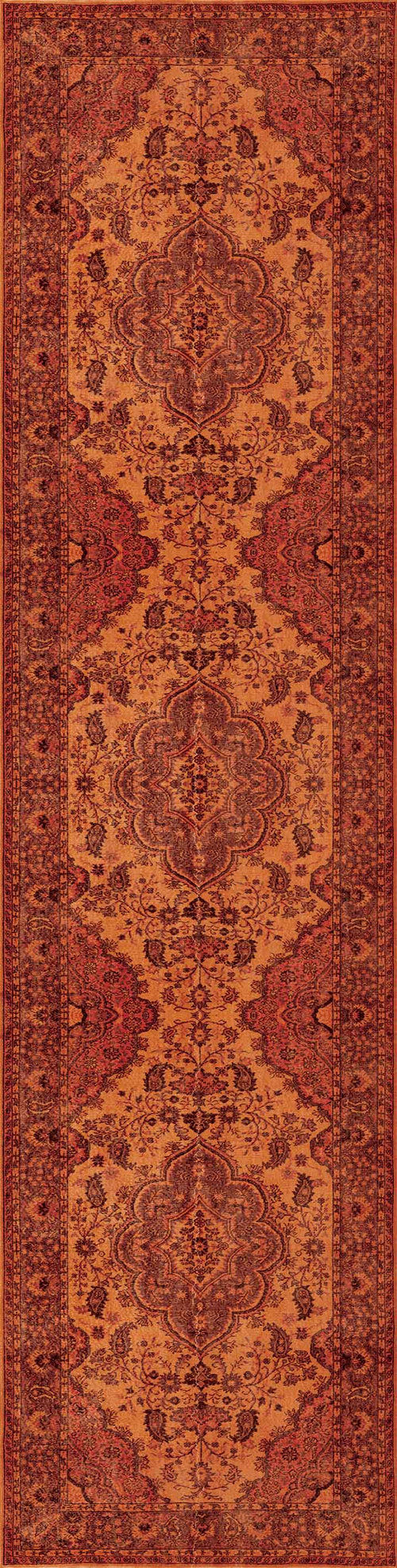 Load image 1 in gallery view. The Noble Odyssey - Washable Rug - JRN1012 is a long, rectangular orange rug with intricate symmetrical patterns and a medallion design in red and brown, finished with a detailed border.
