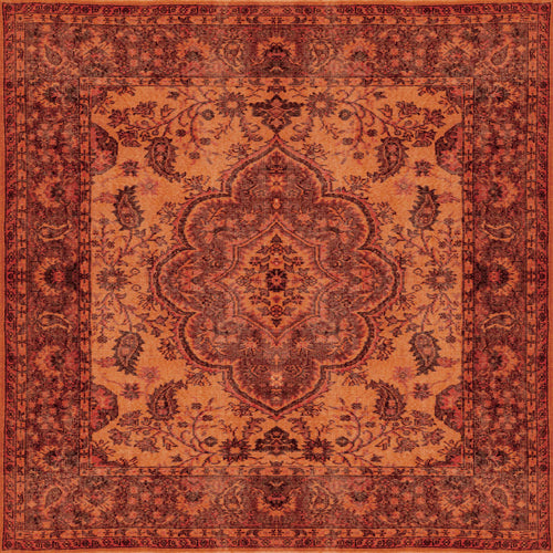 Load image 1 in gallery view. The Noble Odyssey - Washable Rug - JRN1012 (Custom Size) features an ornate rectangular design with a symmetrical floral medallion in red, orange, and brown hues, accented by intricate borders and vine motifs for timeless traditional style.