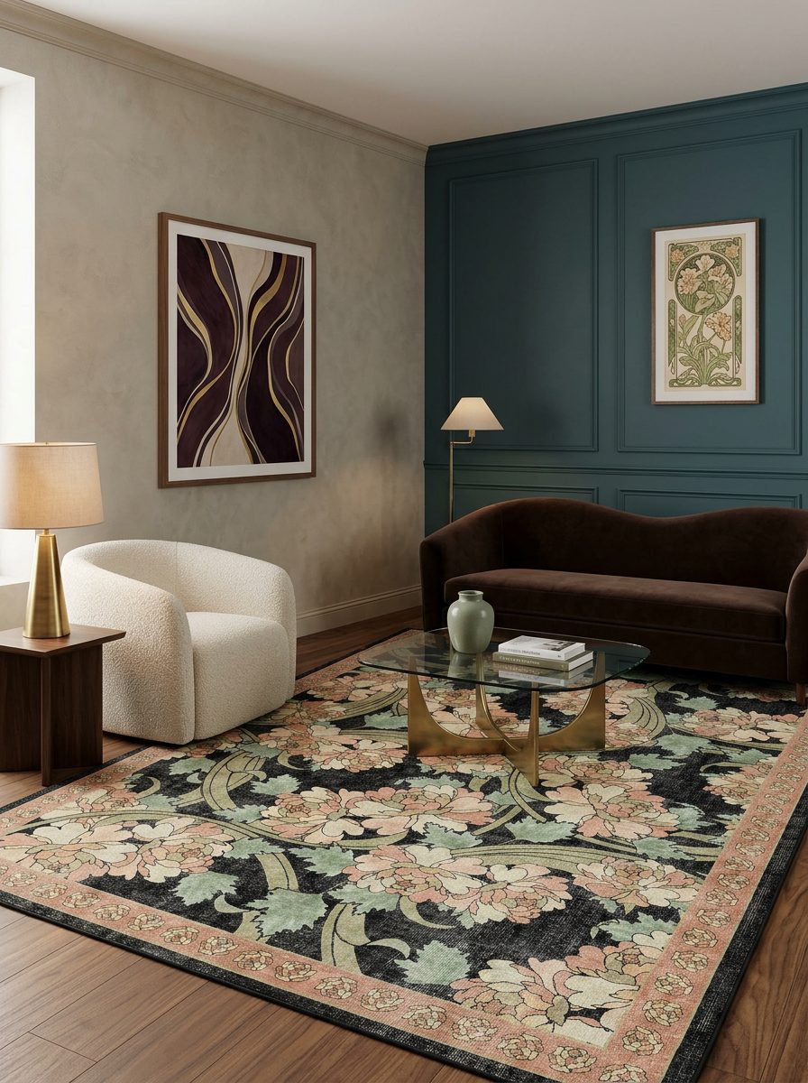 Black rug with a floral pattern in muted pink and sage green, styled in a modern living room.