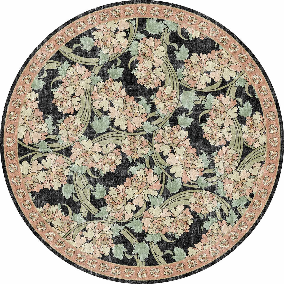 Round rug with a black background, featuring a floral pattern of pink peonies and sage green leaves with a floral border.