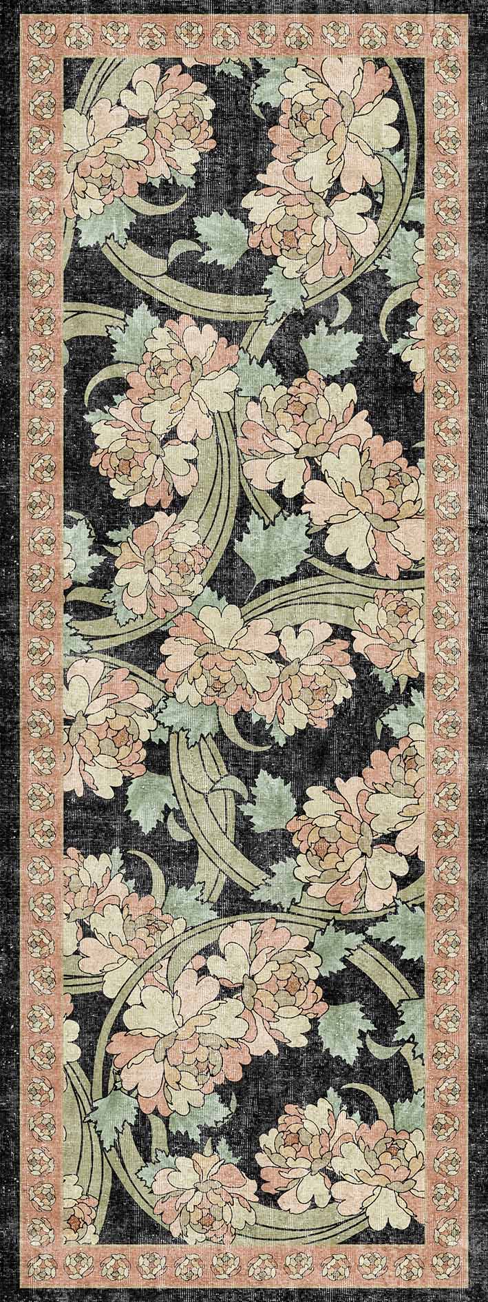 Black runner rug with a pink and sage green floral pattern and a repeating geometric border.