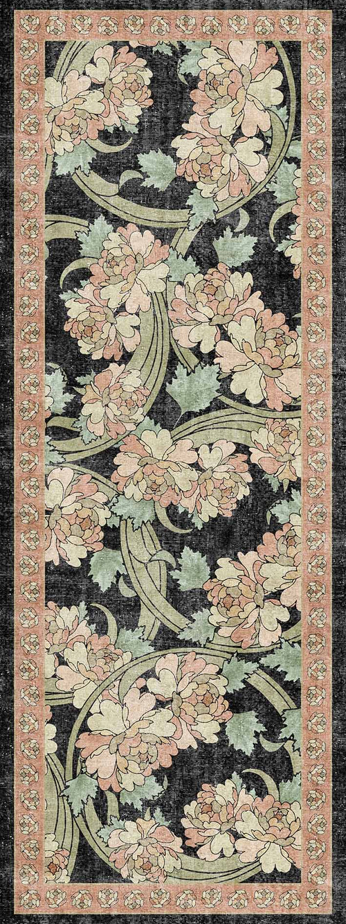 Load image 1 in gallery view. Black runner rug with a pink and sage green floral pattern and a repeating geometric border.
