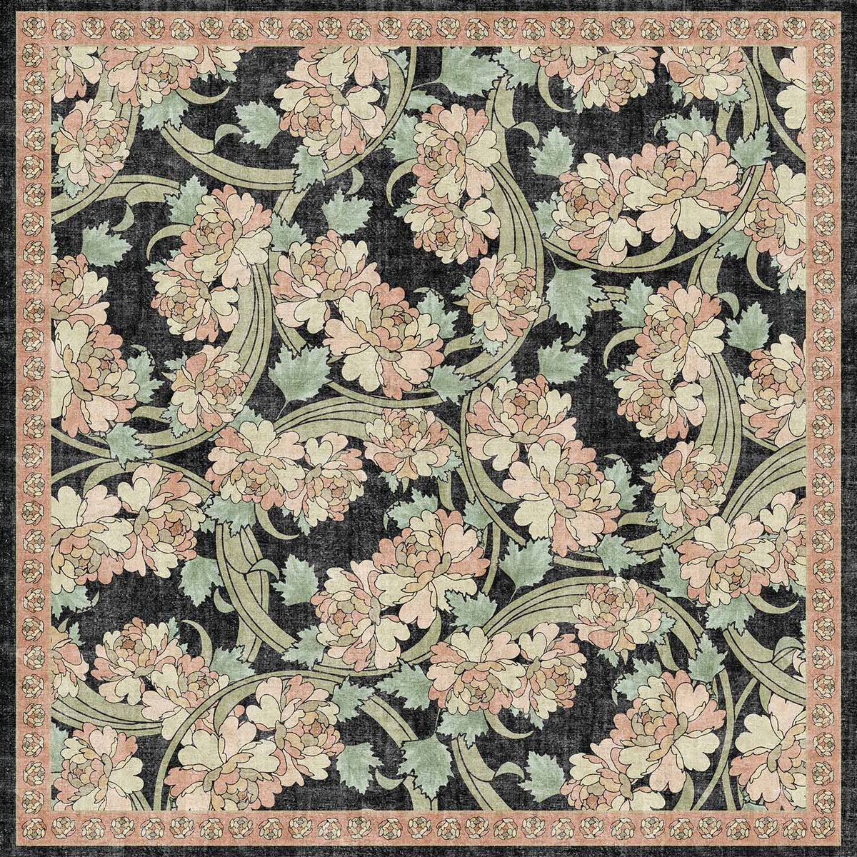 Black rug with a floral pattern of pink peonies and sage green leaves, featuring a decorative pink border.