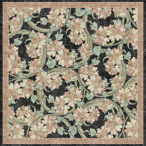 Load image 1 in gallery view. Black rug with a floral pattern of pink peonies and sage green leaves, featuring a decorative pink border.