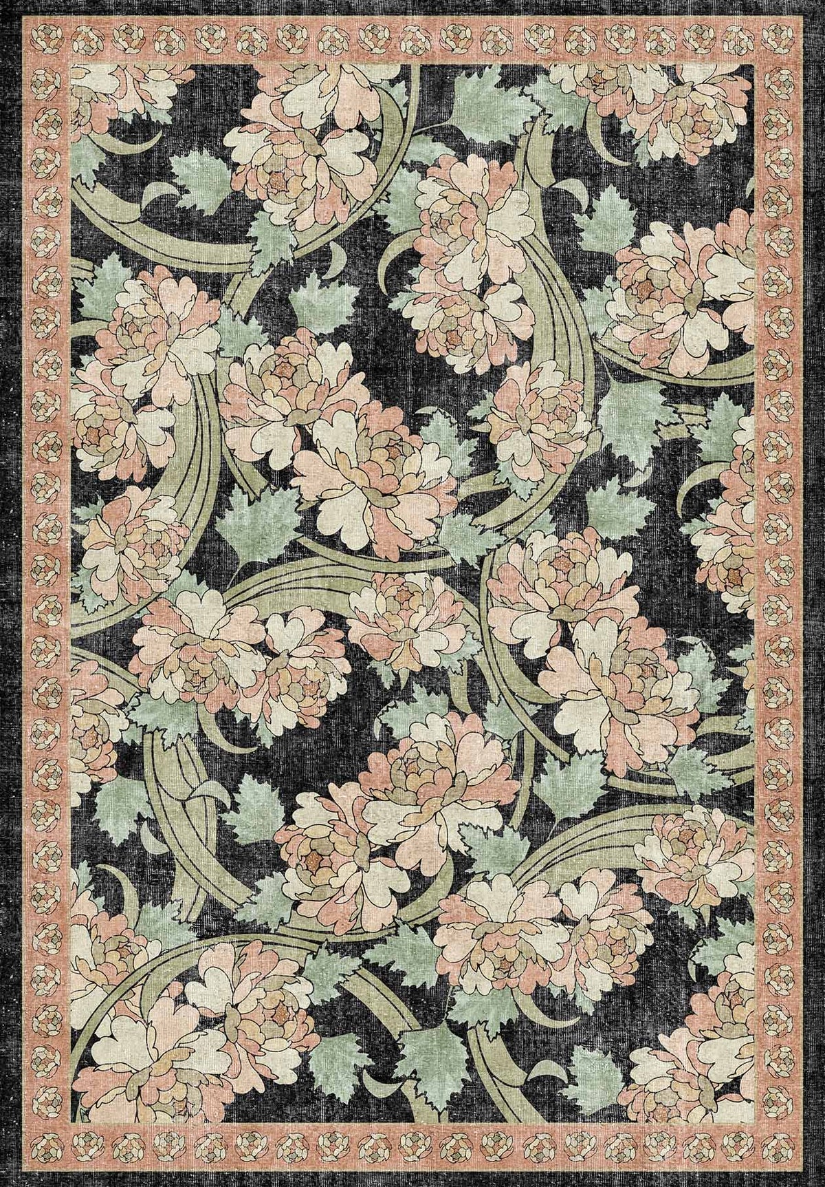 Black rug with a pink and sage green floral pattern and a decorative border.