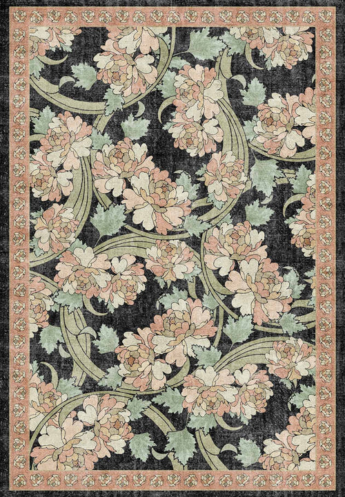 Load image 1 in gallery view. Black rug with a pink and sage green floral pattern and a decorative border.