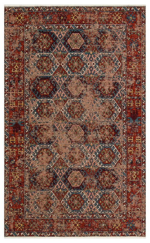 Load image 1 in gallery view. The Nomad Spirit - Washable Kilims - AND03 is a rectangular flatwoven rug with a distressed vintage look, showcasing tribal geometric patterns in red, blue, beige, and gold, framed by a border of symmetrical diamonds and octagons