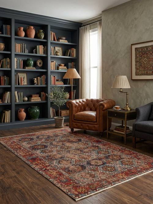 Load image 1 in gallery view. A cozy living room featuring a brown leather armchair, side table with lamp, bookshelf, and wooden floors is enhanced by the distressed aesthetic of the Nomad Spirit - Washable Kilims - AND03 under soft natural light through sheer curtains.