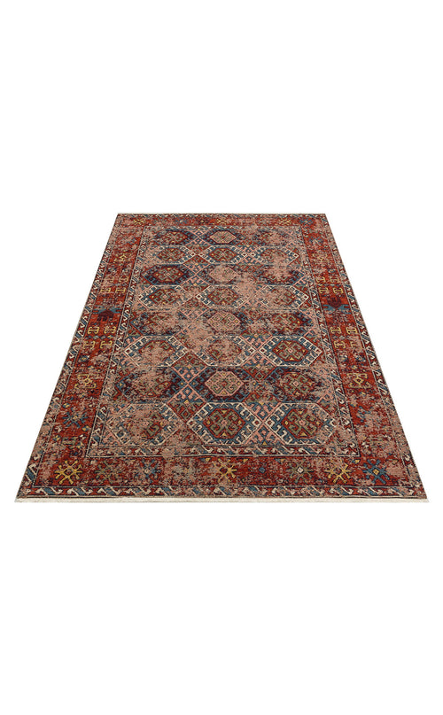 Load image 1 in gallery view. Nomad Spirit - Washable Kilims - AND03 is a rectangular flatwoven rug with intricate geometric and floral patterns in red, blue, and beige. It features a prominent border and a soft, slightly worn tribal-ethnic look