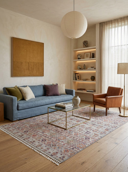 Load image 1 in gallery view. A modern living room with a blue sofa, brown armchair, glass coffee table, the Nomad's Nest Washable Rug (JR5088) for high-traffic areas, floor lamp, large wall art, decorated shelves, and natural light from sheer curtains.