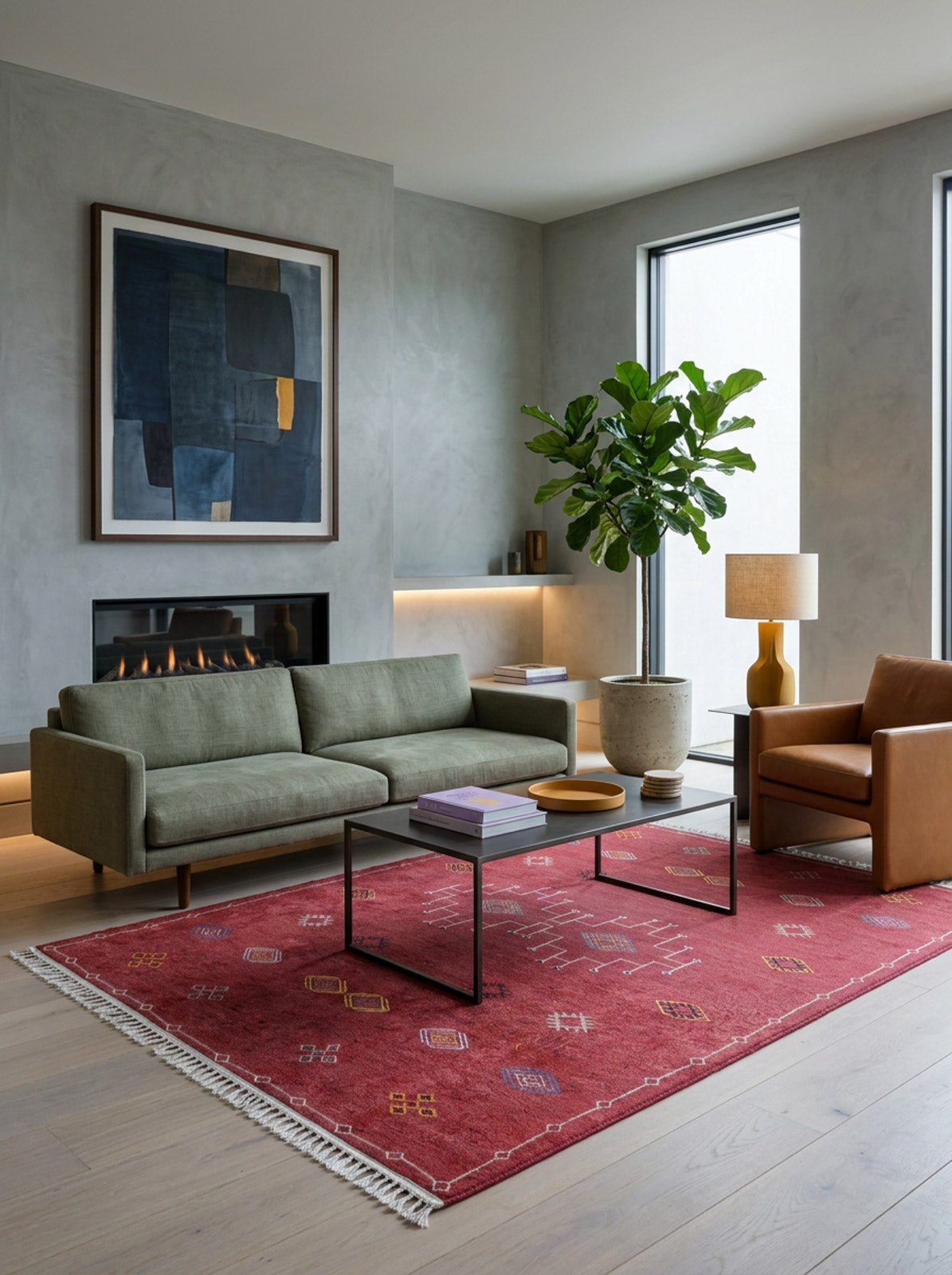A modern living room with a green sofa, tan armchair, Nomadic Journey JR5080 washable red rug for high-traffic areas, two minimalist coffee tables, a potted plant, table lamp, abstract painting, fireplace, and tall windows with natural light.