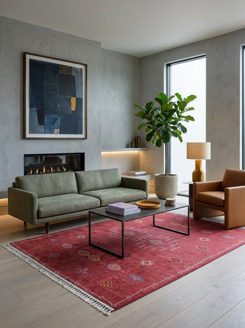 Load image 1 in gallery view. A modern living room with a green sofa, tan armchair, Nomadic Journey JR5080 washable red rug for high-traffic areas, two minimalist coffee tables, a potted plant, table lamp, abstract painting, fireplace, and tall windows with natural light.