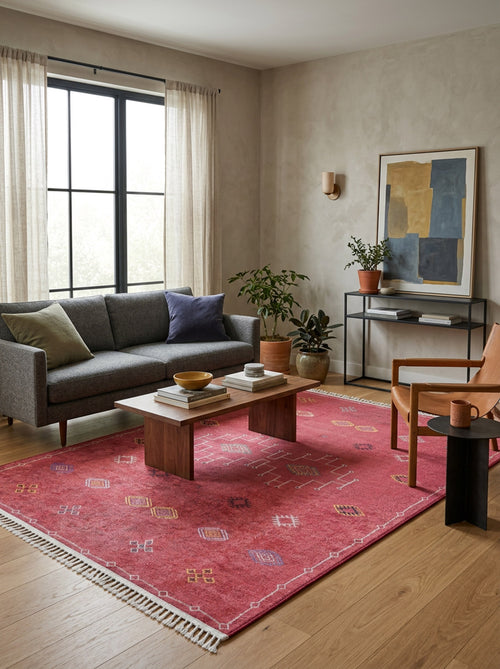 Load image 1 in gallery view. A modern living room with a gray sofa, tan leather chair, wooden coffee table, Nomadic Journey - Washable Rug - JR5080 ideal for high-traffic areas, potted plants, and a console table with books and abstract art by sheer-curtained windows.